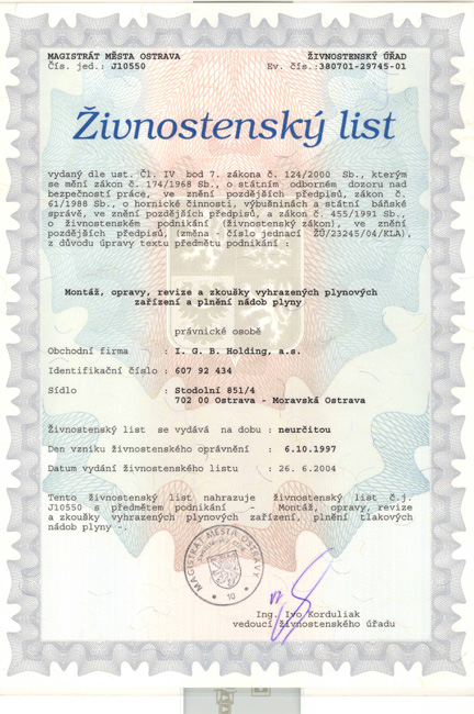 ŽL - montáž, opravy, revize a zkoušky vyhrazených plynových zařízení a plnění nádob plyny